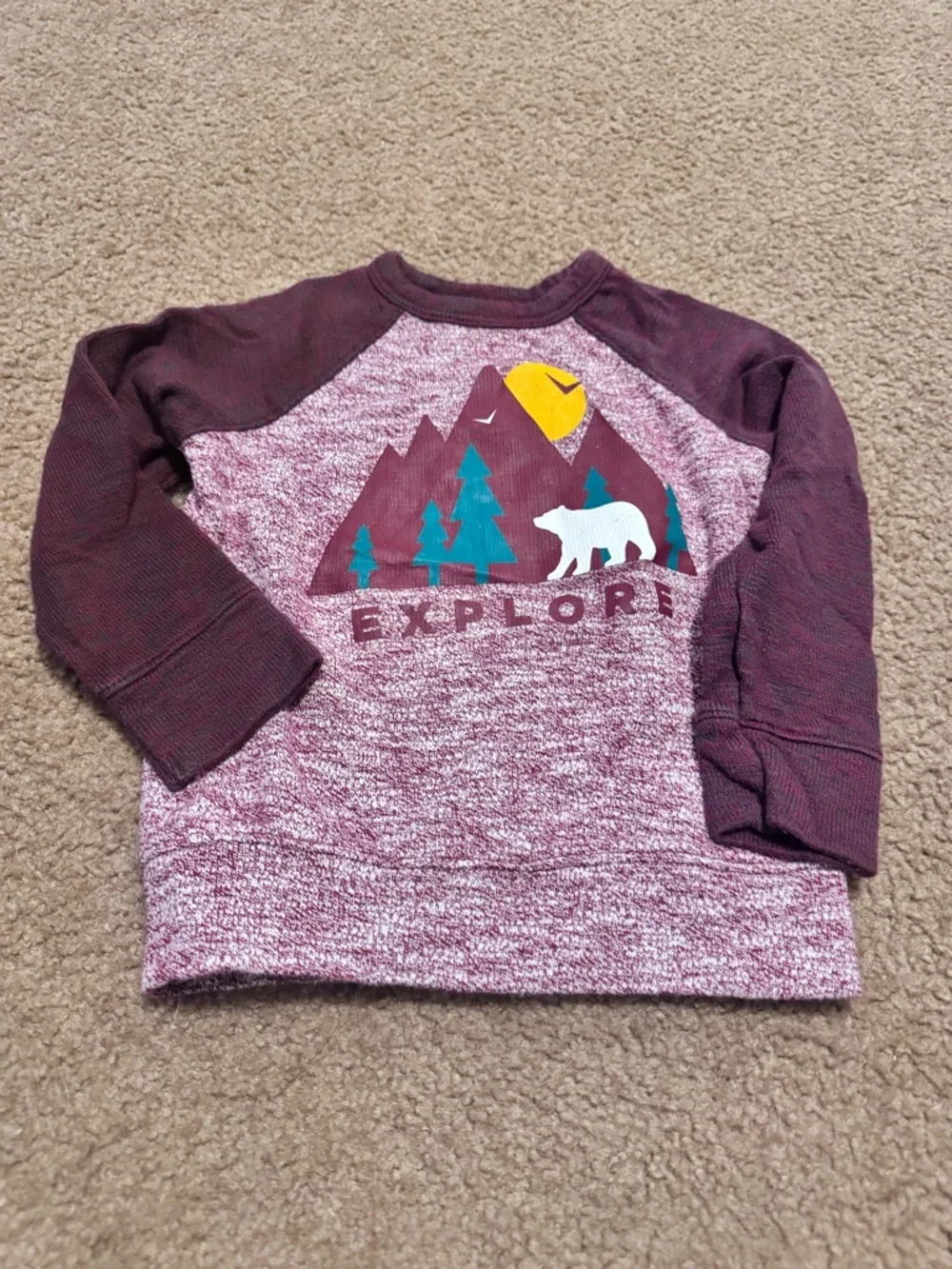 Old Navy Maroon Raglan 'Explore' Sweatshirt with Teal Accent